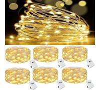 Huayifa 6 Pack Battery Fairy Lights with 3 Modes | 2 Metre 20-LED Silver Wire String Lights | IP65 Waterproof for Indoor & Outdoor Decor, Christmas, Jars, Wedding, Garden (Warm White)