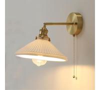 HUAYUSEDF Elegant Vintage Ceramic Wall Lamp - White Sconce with Pull Chain Switch & Gold Brass Accents for Bedroom, Living Room, and Study Stylish Lighting Decor Light Color(Pleated Shape)