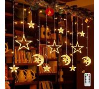 Huayz LED Star Moon Curtain Lights Ramadan Decorations, 3.5m Battery Powered Window Star Moon String Fairy Lights Ramadan Decorations Home Bedroom Indoor Outdoor Wedding (Warm White)