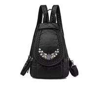HUAZHIMAO Mini Backpack for Women Soft Washed PU Leather Small Backpacks Waterproof Stylish Daypack Fashion Shoulder Black Rucksack Handbags with Beautiful Flower Pattern