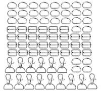 HUAZIZ 75 Piece Alloy Keyring Set, Rotating Carabiner Hooks, D Rings 20 mm Metal Sliding Buckles for Handbag, Lanyard, Purse, Bags, Straps, Dog Collars and Sewing Projects, silver, S