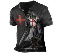 HuazomeeHZM Knights Templar 3D Print T-Shirts Men's Vintage Distressed Henley T-Shirt Short Sleeve Tops Casual V Neck Pullover