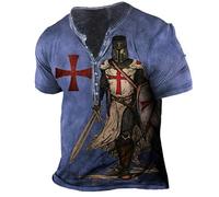 HuazomeeHZM Knights Templar 3D Print T-Shirts Men's Vintage Distressed Henley T-Shirt Short Sleeve Tops Casual V Neck Pullover