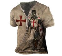 HuazomeeHZM Knights Templar 3D Print T-Shirts Men's Vintage Distressed Henley T-Shirt Short Sleeve Tops Casual V Neck Pullover