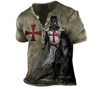 HuazomeeHZM Knights Templar 3D Print T-Shirts Men's Vintage Distressed Henley T-Shirt Short Sleeve Tops Casual V Neck Pullover