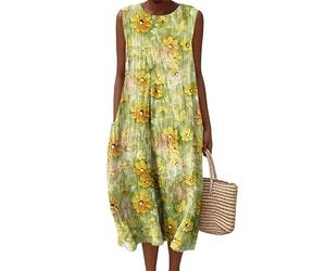 HuazomeeHZM Women's Sleeveless Long Beach Dress Beautiful Flowers 3D Printed Round Neck Pullover A-Line Skirt Fashion Casual Loose Ladies Maxi Dresses