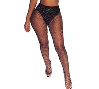 HUAZONG Womens Rhinestone Fishnet Pants Sexy See Through Hollow Out Club Party Long Trousers Glitter Diamond Sparkle Cover Up Pants (Black 1)