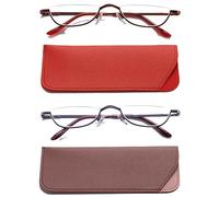 Hubeye 2 Pairs Half Moon Reading Glasses for Women and Men Metal Slim Half Frame Lens Ultra Thin Readers with Spring Hinges and Leather case 2.00
