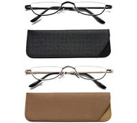 Hubeye 2 Pairs Half Moon Reading Glasses for Women and Men Metal Slim Half Frame Lens Ultra Thin Readers with Spring Hinges and Leather case 2.00