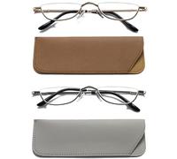 Hubeye 2 Pairs Half Moon Reading Glasses for Women and Men Metal Slim Half Frame Lens Ultra Thin Readers with Spring Hinges and Leather case 3.50