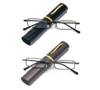 Hubeye 2 Pairs Slim Portable Reading Glasses for Men Women Metal Pocket Readers Glasses Lightweight Compact Blue Light Blocking Glasses in Tube Case 1.50