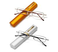 Hubeye 2 Pairs Slim Portable Reading Glasses for Men Women Metal Pocket Readers Glasses Lightweight Compact Blue Light Blocking Glasses in Tube Case 3.00