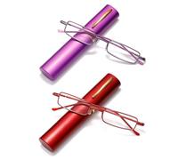Hubeye 2 Pairs Slim Portable Reading Glasses for Men Women Metal Pocket Readers Glasses Lightweight Compact Blue Light Blocking Glasses in Tube Case 3.00