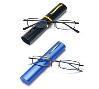 Hubeye 2 Pairs Slim Portable Reading Glasses for Men Women Metal Pocket Readers Glasses Lightweight Compact Blue Light Blocking Glasses in Tube Case 3.00