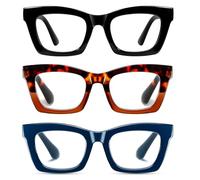 Hubeye 3 Pack Oprah Style Reading Glasses for Women Blue Light Blocking Oversized Square Spring Hinge Computer Readers 1.50