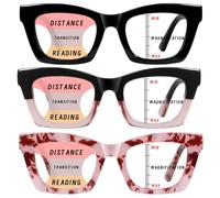 Hubeye 3 Pack Progressive Multifocus Reading Glasses for Women Blue Light Blocking Oprah Style Square Reader Spring Hinge 3.00