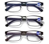 Hubeye 3 Pack Reading Glasses Men Metal Frame Square Style Stainless Steel Material Spring Hinges Blue Light Blocking Computer Readers 1.50