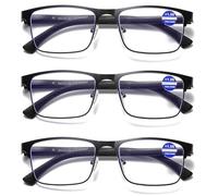 Hubeye 3 Pack Reading Glasses Men Metal Frame Square Style Stainless Steel Material Spring Hinges Blue Light Blocking Computer Readers 1.50