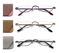 Hubeye 3 Pairs Half Moon Reading Glasses Metal Slim Half Frame Lens Ultra Thin Readers With Spring Hinges for Men and Women 1.00