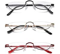 Hubeye 3 Pairs Half Moon Reading Glasses Metal Slim Semi Rimless Eyewear Spring Hinge Ultra Thin Readers for Men Women with glasses holster 1.50