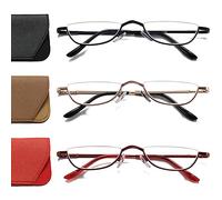 Hubeye 3 Pairs Half Moon Reading Glasses Metal Slim Semi Rimless Eyewear Spring Hinge Ultra Thin Readers for Men Women with glasses holster 3.00