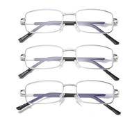 Hubeye Metal Reading Glasses Square Blue-Light-Blocking Readers 3.00 | Sturdy Metal Frame, Spring Hinge, Anti-Eyestrain Effect, Anti-Glare, Sturdy, Durable, Robust, Unisex, 3 Set Silver Eyeglasses