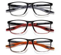 Hubeye TR90 Sports Reading Glasses for Men and Women Square Comfortable Flexible Blue Light Blocking Computer Reader (Striped Gray+Striped Red+Striped Orange, 2.50)