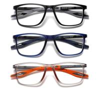 Hubeye TR90 Sports Reading Glasses for Men and Women Square Comfortable Flexible Blue Light Blocking Computer Reader (Black+Blue+Orange, 2.00)