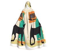 HUBGFEQ Mid-Century Modern Art Cat Halloween Hooded Cape Cloak | Adult Cosplay Costume Robe Full-Length Medieval Wrap with Oversized Hood and Tie for Roleplay Masquerade Themed Events