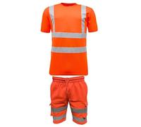 HUBIBUBI Hi Vis Elasticated Work wear Safety Shorts with T-Shirt | Classic Multi Pocket Cargo Design Easy Care Mens Work Hi Visibility (UK, Alpha, XXL, Plus, Regular, Orange Short & T Shirt)