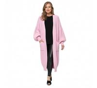 HUBIBUBI Ladies Oversized Long Cardigan Balloon Sleeve Chunky Ribbed Open Knitted Maxi Jumper Ladies Maxi Knitted Puff Sleeve 2 Pocket Cardigan Boyfriend Sweater Top UK Size 8-22 Baby Pink