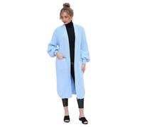 HUBIBUBI Ladies Oversized Long Cardigan Balloon Sleeve Chunky Ribbed Open Knitted Maxi Jumper Ladies Maxi Knitted Puff Sleeve 2 Pocket Cardigan Boyfriend Sweater Top UK Size 8-22 Sky Blue