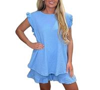 HUBIBUBI Womens Frill Cap Sleeve Popcorn Top and Frill Pocket Shorts Co ord Set