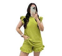 HUBIBUBI Womens Frill Cap Sleeve Popcorn Top and Frill Pocket Shorts Co ord Set