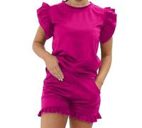 HUBIBUBI Women's Ladies Frill Peplum Short and Top Set Stylish Comfortable Perfect Summer Co-Ord 2 Piece Longwear Tracksuit for UK Plus Size 8-28 (UK, Numeric, 8, 10, Regular, Regular, Fuchsia)