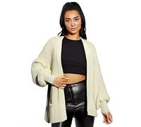 HUBIBUBI Women's Open Front Chunky Two Pockets Long Sleeve Cable Knitted Cardigans Ladies Oversized Balloon Sleeve Short Pockets Knitted Cardigans UK 8 to 18 Cream