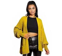 HUBIBUBI Women's Open Front Chunky Two Pockets Long Sleeve Cable Knitted Cardigans Ladies Oversized Balloon Sleeve Short Pockets Knitted Cardigans UK 8 to 18 Mustard