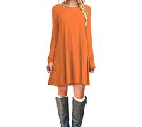 HUBIBUBI Women's Plus Size Plain Long Sleeve Swing Dress - A-Line Flared Skater Mini Dress with Round Neck Casual Top (UK, Numeric, 20, 22, Plus, Regular, Orange)