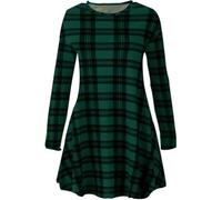 HUBIBUBI Women's Plus Size Plain Long Sleeve Swing Dress - A-Line Flared Skater Mini Dress with Round Neck Casual Top (UK, Numeric, 16, 18, Plus, Regular, Green Tartan)