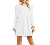 HUBIBUBI Women's Plus Size Plain Long Sleeve Swing Dress - A-Line Flared Skater Mini Dress with Round Neck Casual Top (UK, Numeric, 24, 26, Plus, Regular, White)