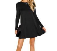 HUBIBUBI Women's Plus Size Plain Long Sleeve Swing Dress - A-Line Flared Skater Mini Dress with Round Neck Casual Top (UK, Numeric, 16, 18, Plus, Regular, Black)
