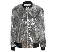 HUBIBUBI Women's Sequin Glitter Bomber Jacket - Fancy Zipper Biker Jacket, Long Sleeve Festive Dance Party Coat, Girls' Costume Top (UK, Alpha, S, Regular, Regular, Silver)