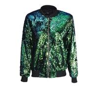 HUBIBUBI Women's Sequin Glitter Bomber Jacket - Fancy Zipper Biker Jacket, Long Sleeve Festive Dance Party Coat, Girls' Costume Top (UK, Alpha, S, Regular, Regular, Green)