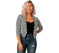 HUBIBUBI Women's ¾ Sleeves Vertical Black & White Stripes Print Open Front Waterfall Crop Blazer Jacket Coat Plus Size S-2XL Soft Fabric Casual Outfit (UK, Alpha, XL, Regular, Regular, White & Black)