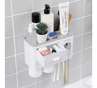 HubiCare Toothbrush Holder with Toothpaste Dispenser Wall Mounted for Bathroom, Automatic Toothpaste Squeezer, Bathroom Organization and Storage, 5 Toothbrush Slots, 1 Cosmetic Drawer (2 Cups)