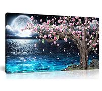 HUBOSKN Pink Flower Floral Wall-Art for Bedroom - Ocean Blue Wall Decor for Office - Magnolia Tree Wall Art Living Room Moon Framed Canvas Art Picture Large Size 40x20 Inches