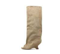 HUDFVIOI Winter Knee High Boots Brown suede Peep toe Wedges Knee high boots Round(Apricot,40)