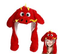 Hudhowks Dragon Hat With Moving, Plush Ears Jumping Hat - Warm With Ear Flaps - Novelty Dress Up For Birthday, Christmas, New Year, Red