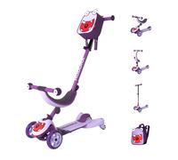 HUDORA 4-in-1 Kids' Scooter in Monster Design - Flexible ride on and tri scooter - LED wheels and backpack - height adjustable - from 12 months - sit and scoot - boys and girls