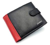 Hudson & James Personalised Black Engraved Genuine Real Soft Leather Mens Wallet with Coin Pocket Pouch Gift (Black/Red)